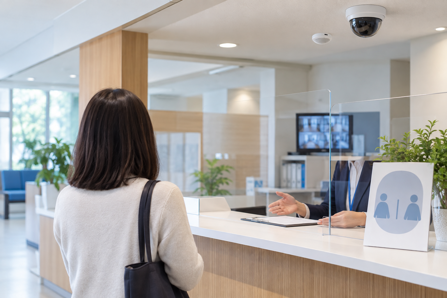 受付での顧客対応を映像と音声で記録する集音マイク付き防犯カメラの設置イメージ