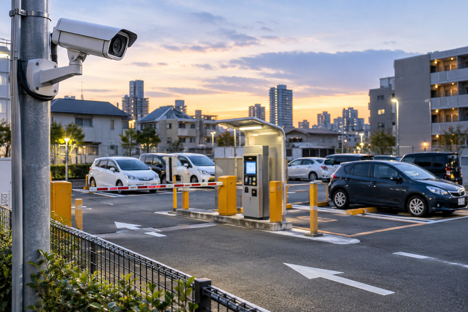 駐車場の出入口と精算機を見守る防犯カメラの設置イメージ