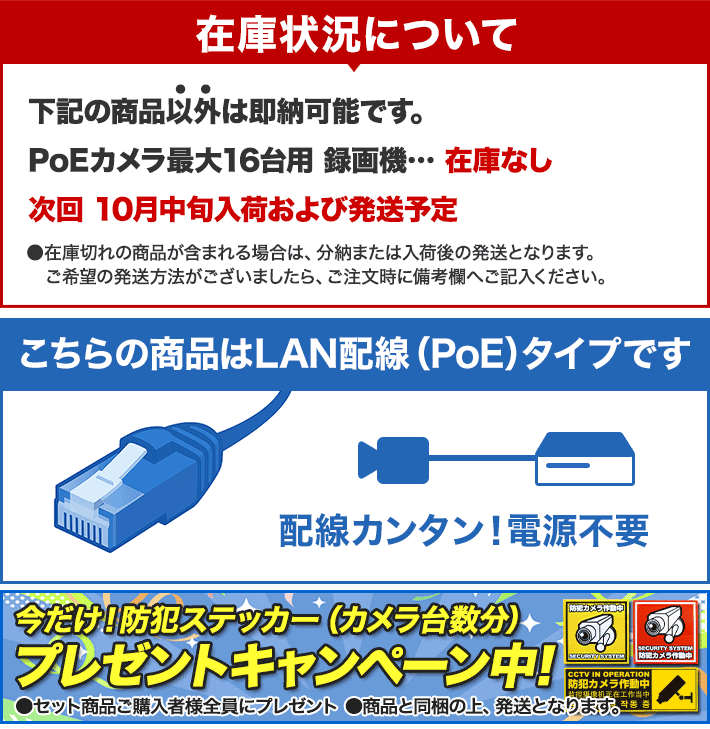 PoEカメラブラック色1〜16台セットの在庫状況