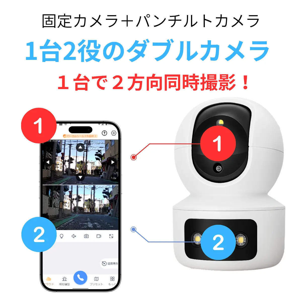 固定カメラとパンチルトカメラを搭載した1台2役のAI見守りカメラ。2つのレンズで2方向を同時に撮影できるデュアルカメラ構造