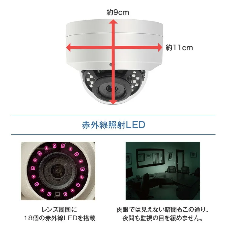 ドーム型カメラサイズと防水、暗視機能搭載