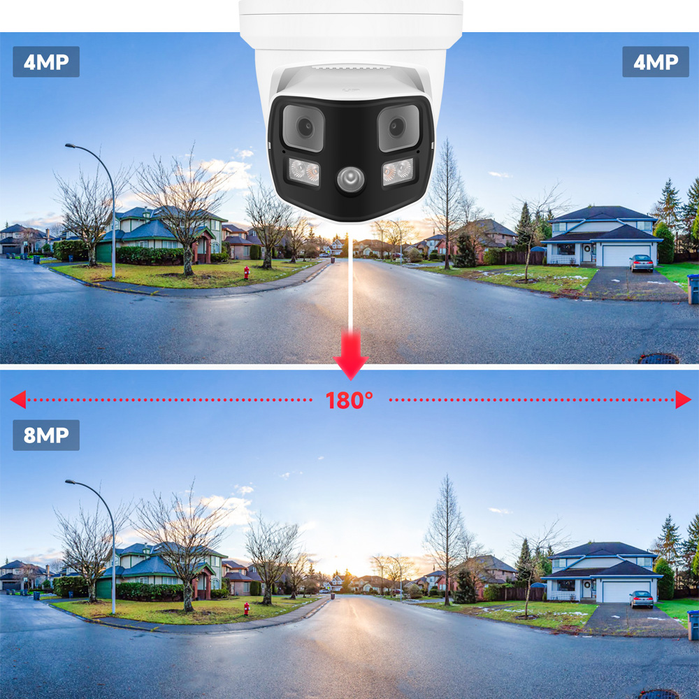 Wレンズ搭載の防犯カメラによる180度超広角パノラマ映像の比較(左4MP+右4MP→合成8MP)
