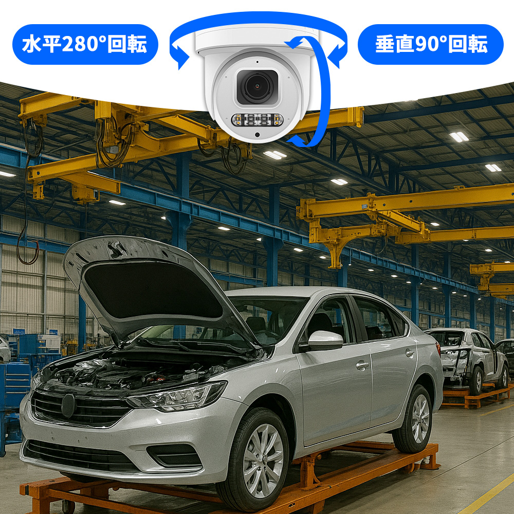 PTZカメラのパン・チルト・ズーム操作イメージ。上下左右の動きとズーム機能を直感的に操作可能