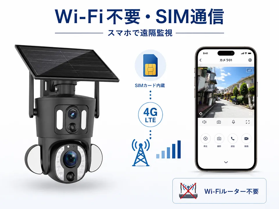 SIM通信対応 Wi-Fi不要 スマホで遠隔監視できる600万画素PTZソーラー充電式カメラ