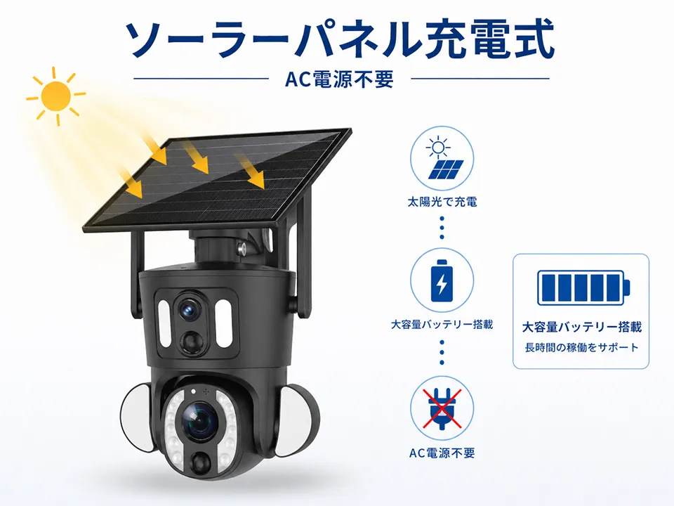 ソーラーパネル充電式 AC電源不要 大容量バッテリー搭載の防犯カメラ