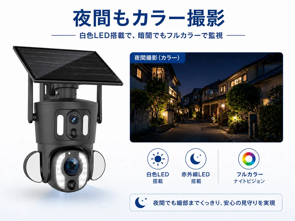 夜間もカラー撮影に対応 赤外線LEDと白色LED搭載の屋外防犯カメラ