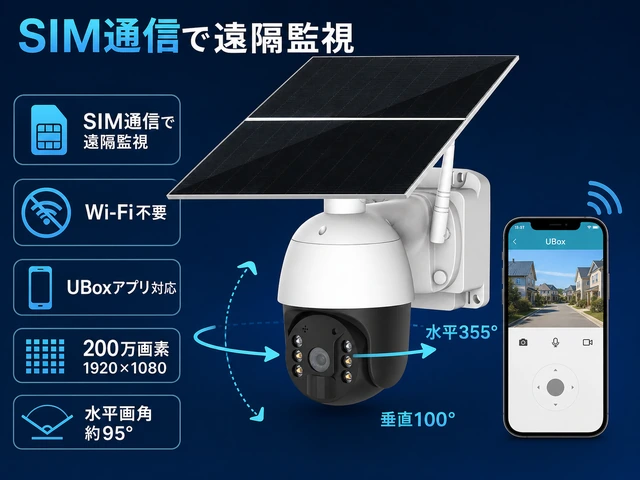 SIM通信とUBoxアプリで遠隔監視 水平355度垂直100度のPTZ操作